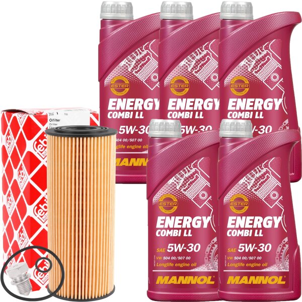 FEBI BILSTEIN Ölfilter + Schraube + MANNOL Energy Combi LL 5W-30, 5x1 Liter