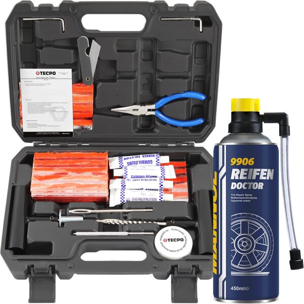 TECPO Reifenreparatur Set, 78-teilig + MANNOL Reifen-Doctor 450 ml