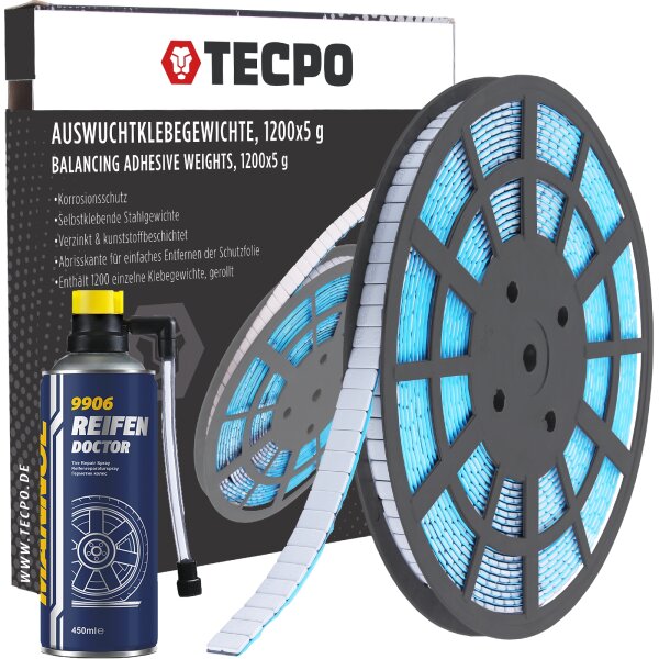 TECPO Auswucht Klebegewichte 1200x5g in Rolle + MANNOL Reifen-Doctor, 450 ml