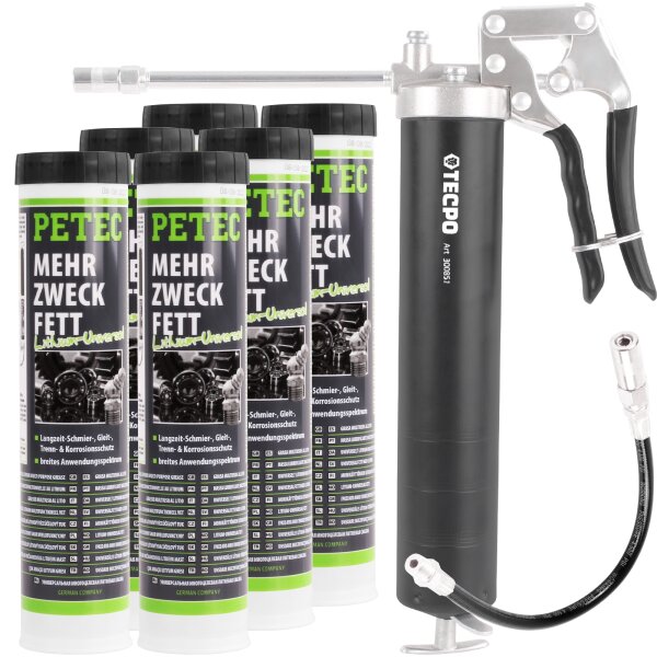 6x PETEC Mehrzweckfett, Kartusche 400g + TECPO Hadfettpresse + Schlauch