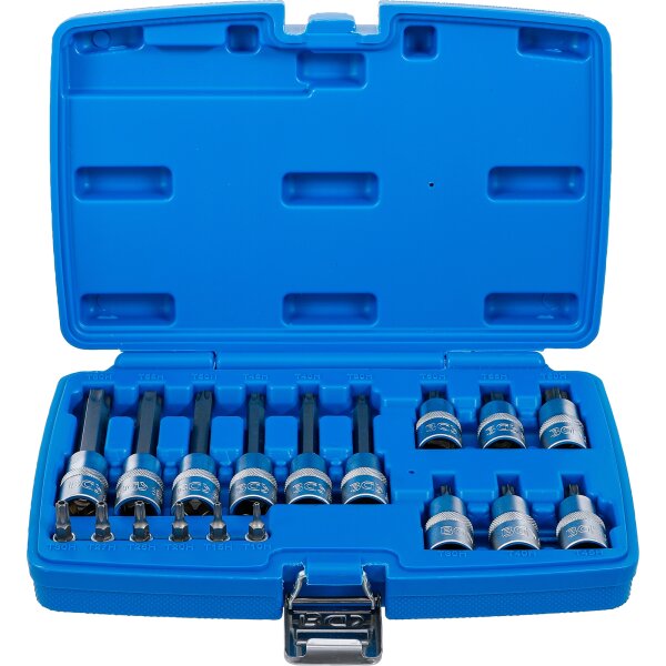 BGS Bit-Einsatz-Satz | Antrieb Innenvierkant 6,3 mm (1/4") / 12,5 mm (1/2") | T-Profil (für Torx) mit Bohrung | 18-tlg.