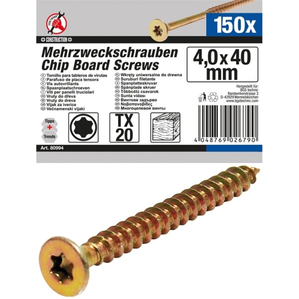 BGS DIY Mehrzweckschrauben | T-Profil (für Torx) T20 | 4,0 x 40 mm | 150 Stück