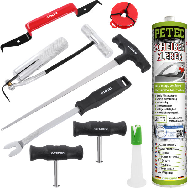 TECPO Windschutzscheibe-Reparaturset + PETEC Scheibenkleber, 310 ml
