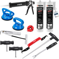 TECPO Windschutzscheibe-Reparaturset + Kartuschenpresse + 2x Gummisauger + 2x Scheibenkleber MS-Polymer, 290 ml