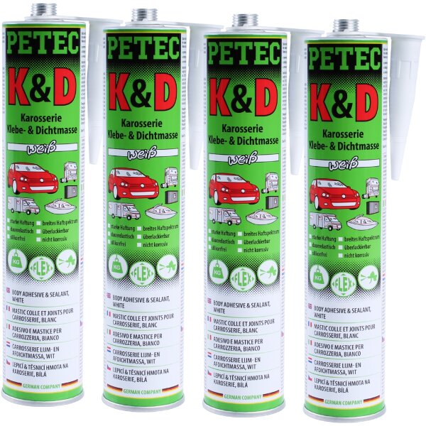 4x PETEC K&D Karosserie Klebe- und Dichtmasse weiß, 310 ml