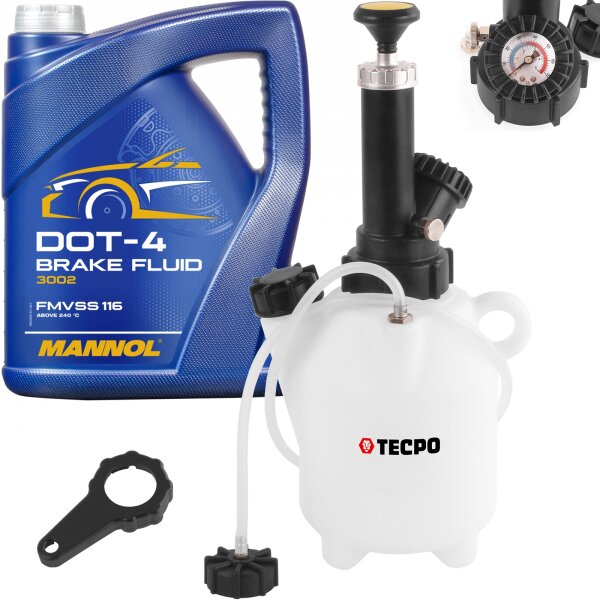 TECPO Bremsenentlüftungsgerät 2L + Bremsflüssigkeit DOT-4, 5L