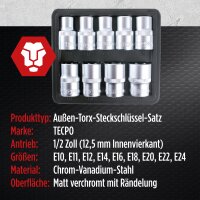 TECPO Außen Torx Steckschlüssel Satz 1/2 Zoll, E10 bis E24, 9-teilig + TECPO Umschaltknarre 1/2 Zoll