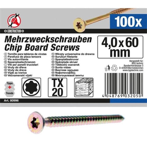 BGS DIY Mehrzweckschrauben, 4,0x60 mm, T20, 100 Stück