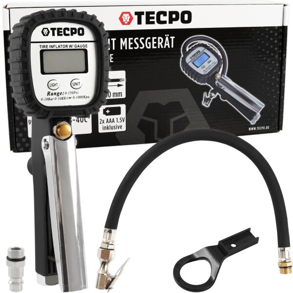 TECPO Digitale Druckluft Reifenfüllpistole LCD Luftdruckmesser 0–10 bar 1/4 Zoll Reifenfüller Schlauch 400 mm für Werkstatt und Service