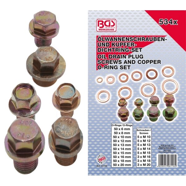 BGS Ölwannenschrauben und Kupfer-Dichtring Sortiment 534-teilig