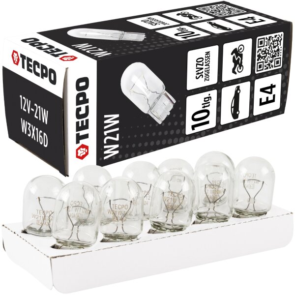 TECPO Glühbirnen Set, 12V-21W, W21W, W3X16d, 10 Stück