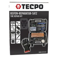 TECPO Reifenreparatur-Set 100-tlg. | Komplettset für schlauchlose Reifen mit Werkzeug, Ventilen und Stopfen im Aufbewahrungskoffer