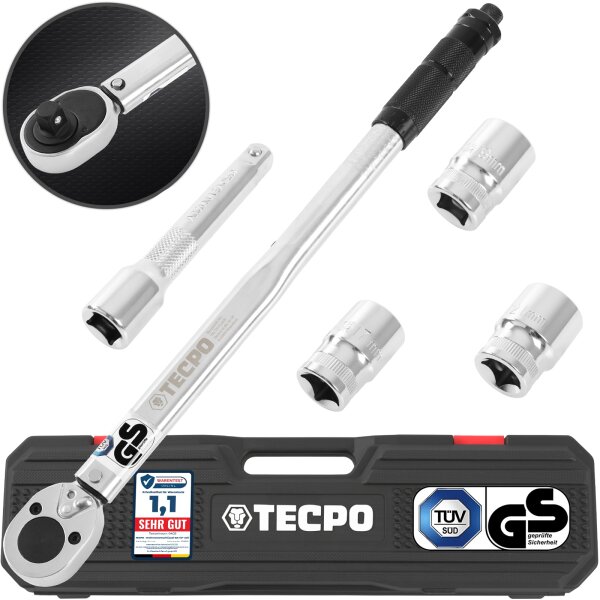 TECPO Drehmomentschlüssel 1/2 Zoll, 40-210 Nm + Stecknüsse 17-19-21 mm