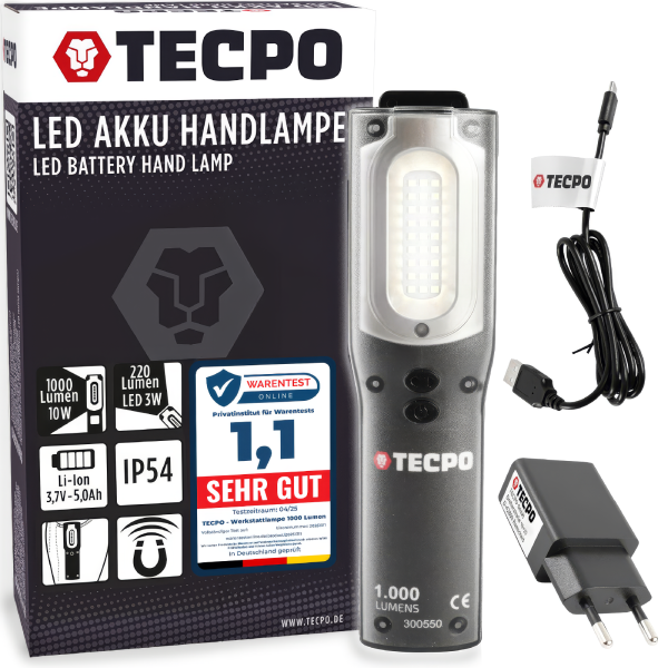 TECPO LED Akku Handlampe 1000 Lumen IP54 + USB Ladegerät