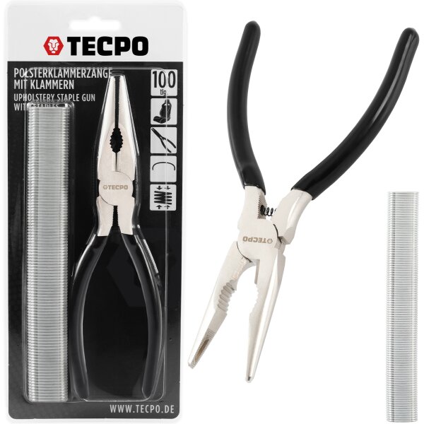 TECPO Polsterklammerzange Set, 8 Zoll (200 mm), inkl. 100 Carbonstahl-Klammern 23 mm, Spezialzange für Sitzbezug-Reparaturen & Sitzheizungen, mit Einkerbungen & Federmechanik für präzise Fixierung