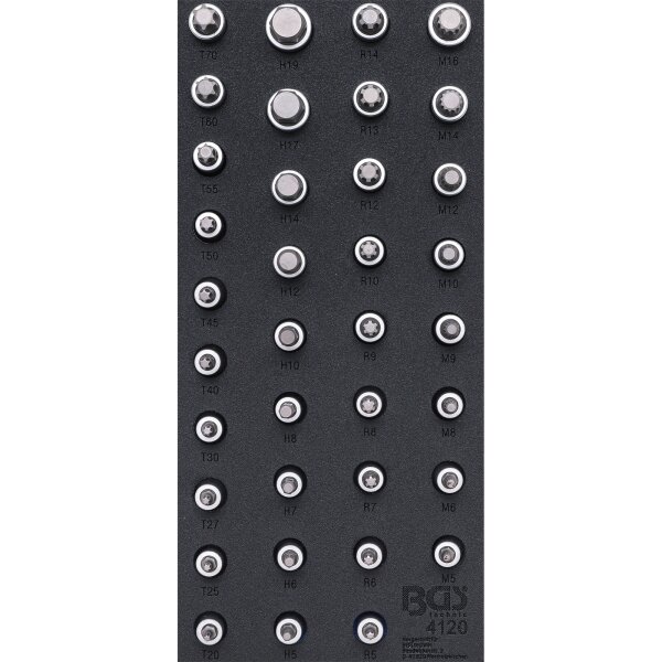 BGS Werkstattwageneinlage 1/3: Bit-Einsatz-Satz | Antrieb Innenvierkant 12,5 mm (1/2") | Innensechskant, T-Profil (für Torx), Innenvielzahn (für XZN), Keil-Profil (für RIBE) | 36-tlg.