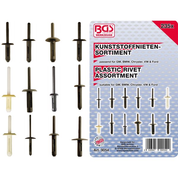 BGS Kunststoffnieten-Sortiment | für GM, BMW, Chrysler, VW, Ford | 235-tlg.