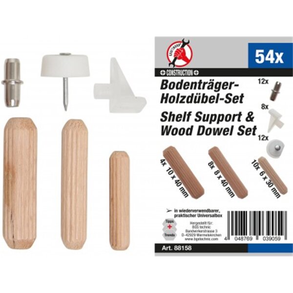 BGS DIY Regalbodenträger-/Holzdübel-Sortiment | 54-tlg.