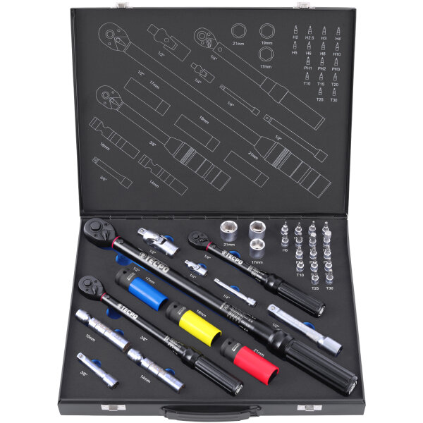 TECPO Drehmomentschlüssel-Set 32-tlg. 1/4" 3/8" 1/2" mit Bits, Stecknüssen und Zubehör für 5–200 Nm
