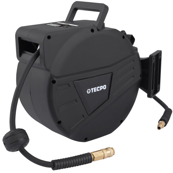TECPO Druckluftschlauch-Aufroller 10 m mit Hybrid-Schlauch, Stoppfunktion, 1/4" BSPT Anschluss und schwenkbarer Wandhalterung