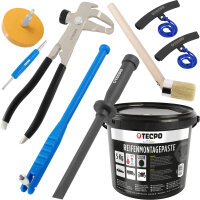 TECPO Reifenmontagepaste schwarz 5 kg + Pinsel + Auswuchtzange + Felgenkantenschutz + Einziehwerkzeug + Radierer + Schaber