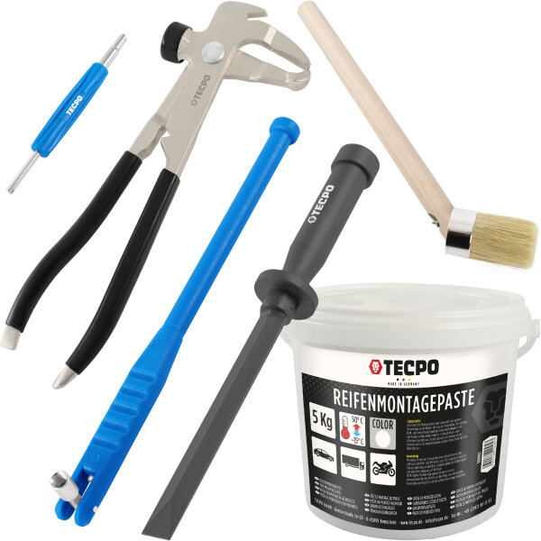 TECPO Reifenmontagepaste weiß 5 kg + Pinsel + Auswuchtzange + Einziehwerkzeug + Schaber