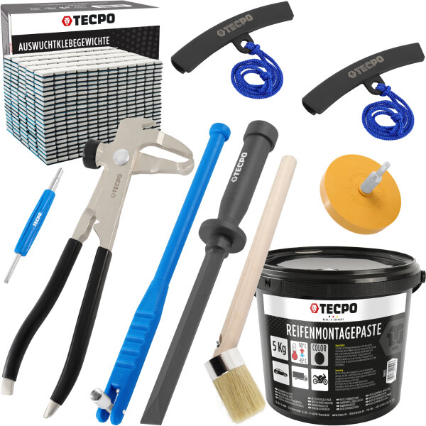 TECPO Auswuchtzange + Felgenkantenschutz + Klebegewicht Schaber Entferner + Ventileinzieher + Reifen Montagepaste mit Pinsel + Auswucht Gewichte + Radierer