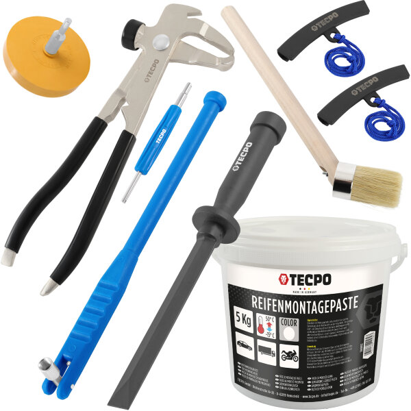 TECPO Reifenmontagepaste weiß 5 kg + Pinsel + Auswuchtzange + Felgenkantenschutz + Einziehwerkzeug + Radierer + Schaber