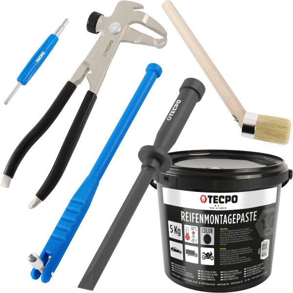 TECPO Reifenmontagepaste schwarz 5 kg + Pinsel + Auswuchtzange + Einziehwerkzeug + Schaber