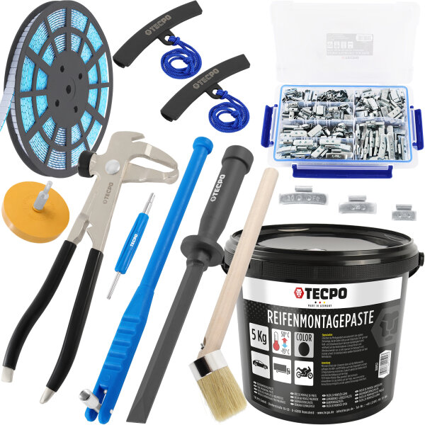 TECPO Auswuchtzange + Felgenkantenschutz + Klebegewicht Schaber Entferner + Ventileinzieher + Reifen Montagepaste mit Pinsel + Auswucht Gewichte + Radierer