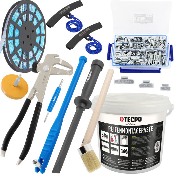 TECPO Auswuchtzange + Felgenkantenschutz + Klebegewicht Schaber Entferner + Ventileinzieher + Reifen Montagepaste mit Pinsel + Auswucht Gewichte + Radierer