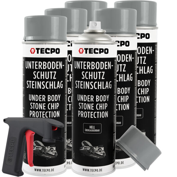 6x TECPO Unterbodenschutz überlackierbar hell, 500 ml + Pistolengriff