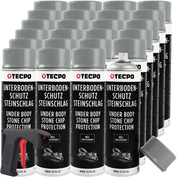 24x TECPO Unterbodenschutz überlackierbar hell, 500 ml + Pistolengriff