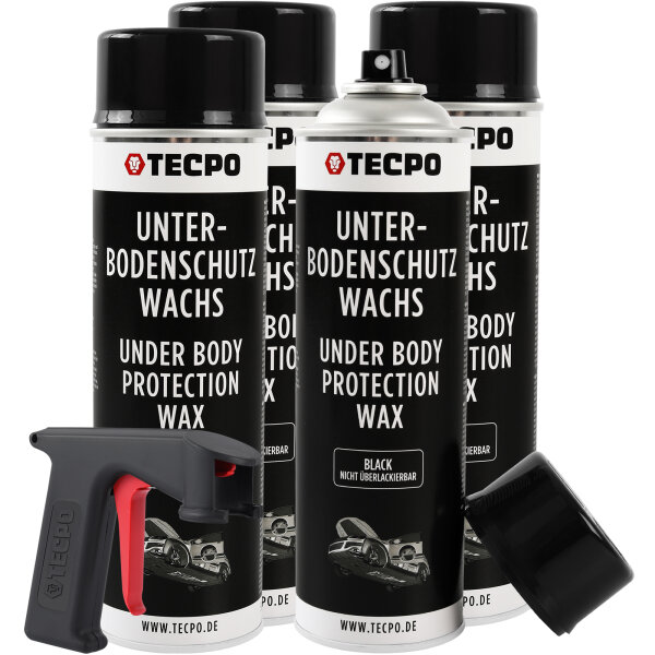 4x TECPO Unterbodenschutz Wachs schwarz, 500 ml + Sprühpistole
