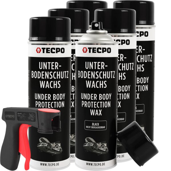 6x TECPO Unterbodenschutz Wachs schwarz, 500 ml + Sprühpistole