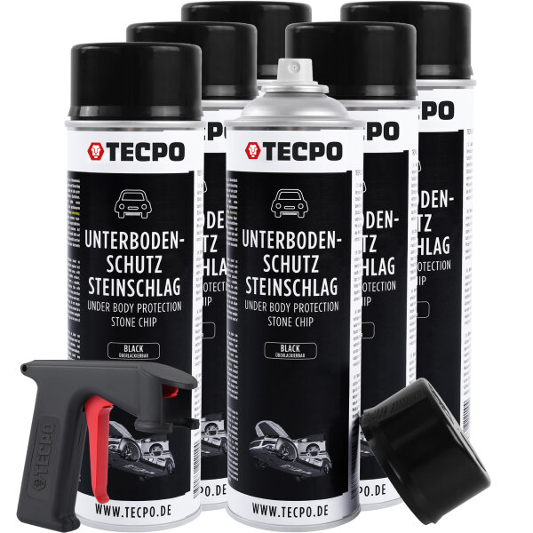 6x TECPO Unterbodenschutz überlackierbar schwarz, 500 ml + Pistolengriff