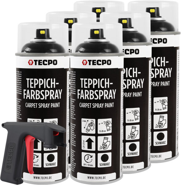 6x TECPO 1K Farbspray Schwarz Teppich / Fußmatten, 400 ml + Sprühpistole