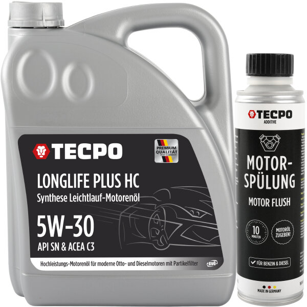 5L TECPO 5W-30 LONGLIFE PLUS MOTORÖL für VW 504.00 507.00 MB 229.31 229.51 BMW LL-04 C30 + Motorspülung Motor Flush Motorreiniger 300 ml