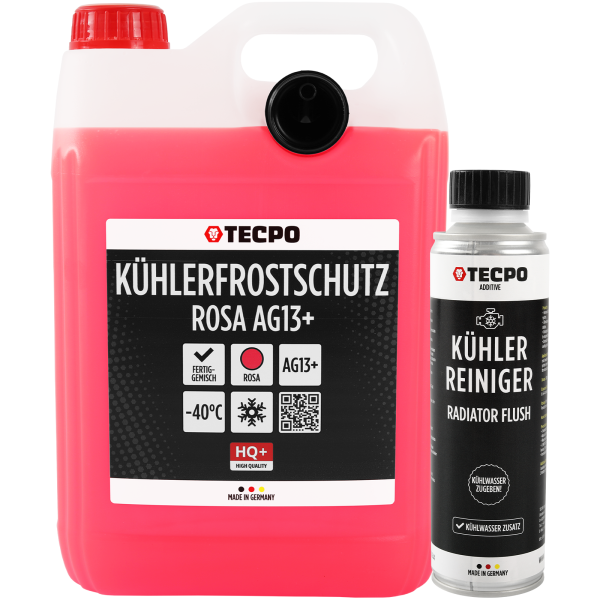 TECPO Kühlerfrostschutz Kühlmittel AG13+ rosa (-40 C°) Antifreeze 5L + Kühlerreiniger Kühlwasser Reiniger, 300 ml