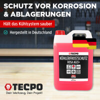 TECPO Kühlsystem Abdrückgerät 27-teilig + 5L Kühlerfrostschutz Kühlmittel AG13+ rosa (-40 C°) Antifreeze