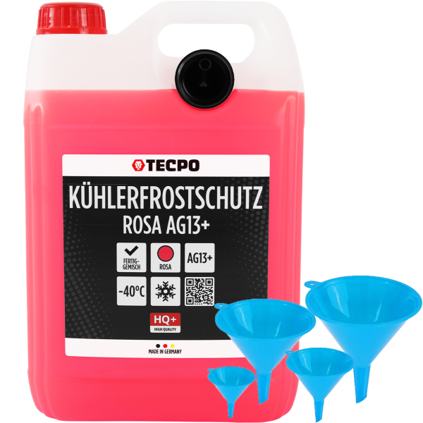 TECPO Kühlerfrostschutz Kühlmittel AG13+ rosa (-40 C°) Antifreeze 5L + BGS DIY Trichter-Satz Ø 50-125mm, 4-tlg.