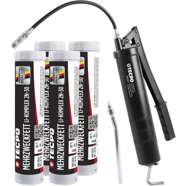 TECPO Mehrzweckfett 4x400g Hochleistungs Li-Komplex Schmierfett KP 2N-30 Lithium Fett + Fettpresse mit Handhebel