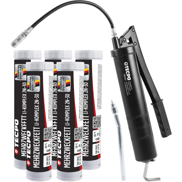 TECPO Mehrzweckfett 5x400g Hochleistungs Li-Komplex Schmierfett KP 2N-30 Lithium Fett + Fettpresse mit Handhebel
