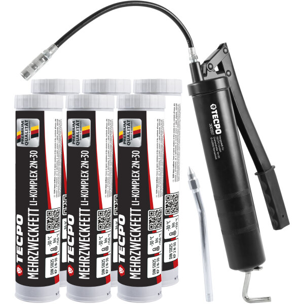 TECPO Mehrzweckfett 6x400g Hochleistungs Li-Komplex Schmierfett KP 2N-30 Lithium Fett + Fettpresse mit Handhebel