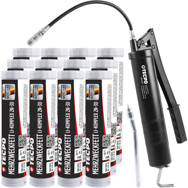 TECPO Mehrzweckfett 12x400g Hochleistungs Li-Komplex Schmierfett KP 2N-30 Lithium Fett + Fettpresse mit Handhebel