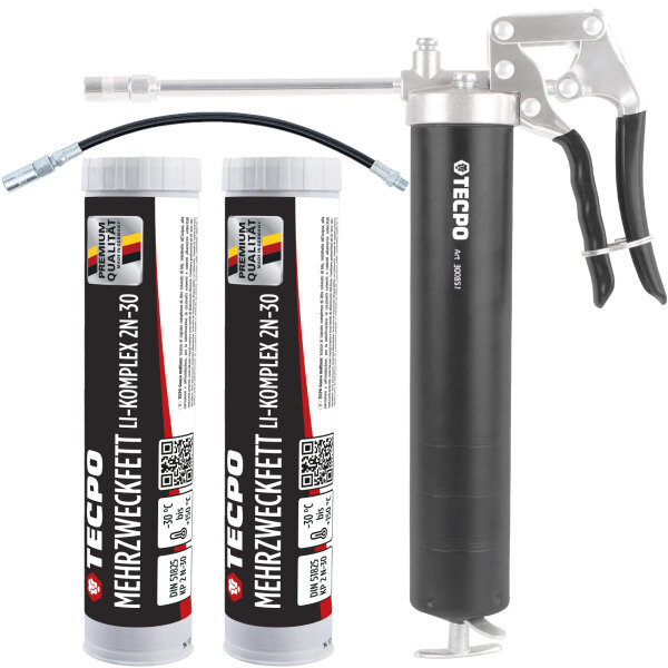 TECPO Mehrzweckfett 2x400g Hochleistungs Li-Komplex Schmierfett KP 2N-30 Lithium Fett + Einhand-Fettpresse