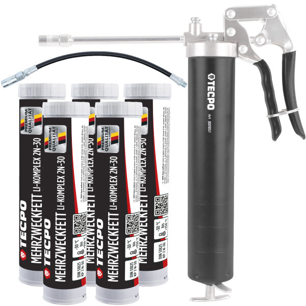 TECPO Mehrzweckfett 5x400g Hochleistungs Li-Komplex Schmierfett KP 2N-30 Lithium Fett + Einhand-Fettpresse