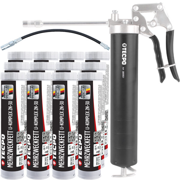 TECPO Mehrzweckfett 12x400g Hochleistungs Li-Komplex Schmierfett KP 2N-30 Lithium Fett + Einhand-Fettpresse