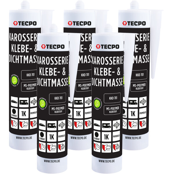 5x TECPO Karosserie Klebe & Dichtmasse KKD 701 Schwarz, 414g MS-Polymer 1K-Dichtstoff