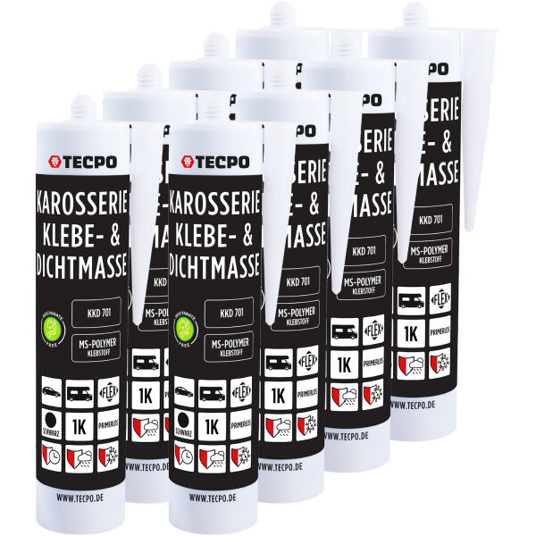 8x TECPO Karosserie Klebe & Dichtmasse KKD 701 Schwarz, 414g MS-Polymer 1K-Dichtstoff